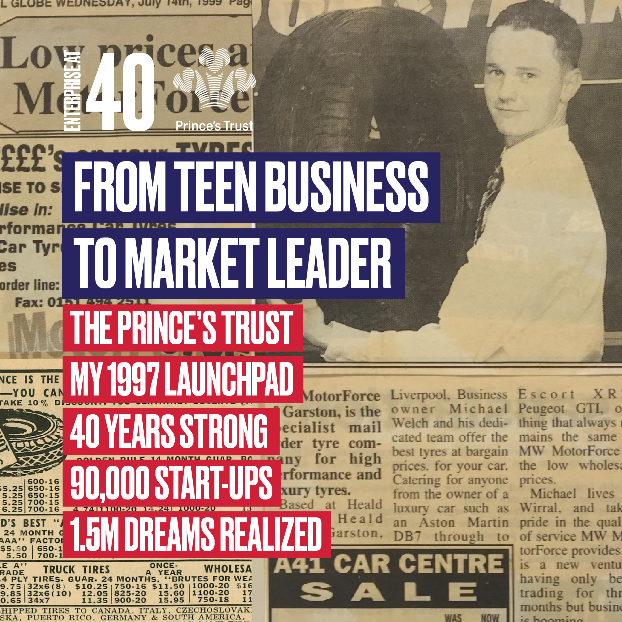 Newspaper cuttings from 1999 advertising MW MotorForce tyres in Garston, Liverpool, alongside a photograph of a teenage Michael Welch holding a tyre.